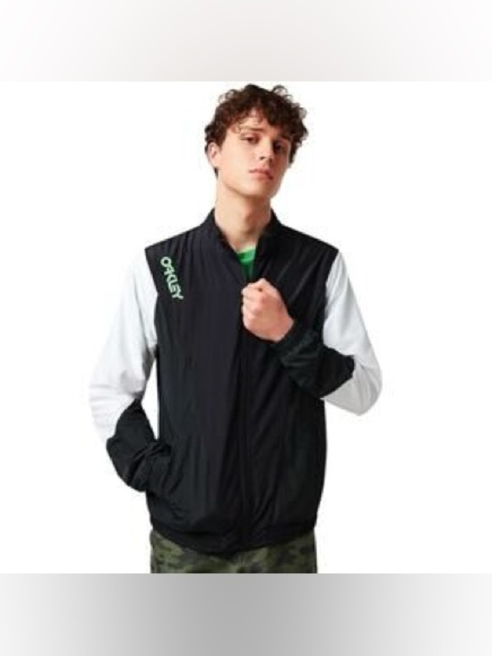 Oakley Black Bomber Jacket with White Sleeves and Green Accent